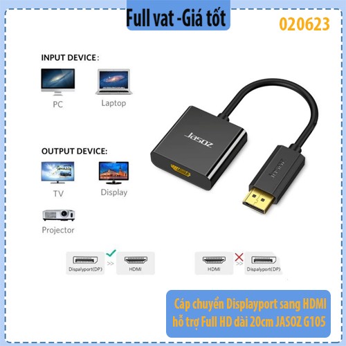 Bộ chuyển đổi – Cáp chuyển DisplayPort sang HDMI hỗ trợ Full HD 20cm JASOZ G105 (có chipset) – Chính hãng – Full VAT