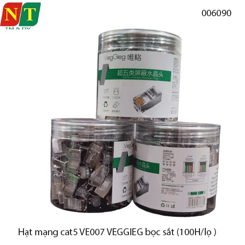 Hạt mạng RJ45 Cat5/Cat5e VEGGIEG V‑E007 – chân đồng mạ bảo vệ, vỏ bọc kim loại – Hộp 100 cái – Chính hãng – Full VAT