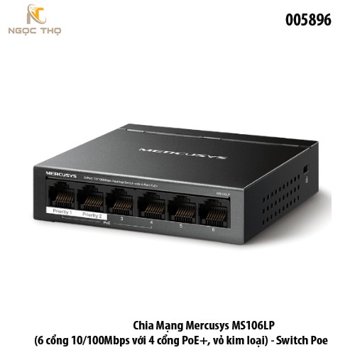 Chia Mạng POE Mercusys MS106LP ( 2 Uplink cổng 10/100Mbps với 4 cổng PoE+, vỏ kim loại) - Switch Poe - chính hãng