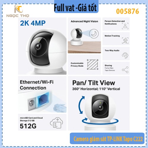 Camera Wi‑Fi TP‑Link Tapo C222 – 2K QHD 4MP – Quay 360° – Hồng ngoại nâng cao – Đàm thoại 2 chiều – MicroSD 512GB
