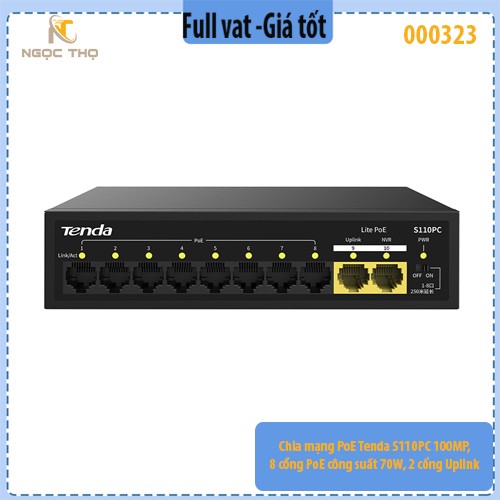 Chia mạng PoE Tenda S110PC – 8 cổng PoE+ | 2 uplink | 100Mbps | PoE 70W – Switch PoE – Chính hãng – Full VAT