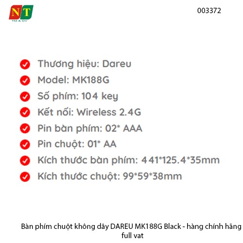 Combo DAREU MK188G Black – Bàn phím full-size + Chuột không dây 2.4GHz – Chính hãng – Full VAT