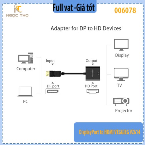Bộ Chuyển Đổi DisplayPort Sang HDMI Veggieg VZ614 – Hỗ Trợ Full HD 1080p@60Hz – Hàng Chính Hãng – Full VAT