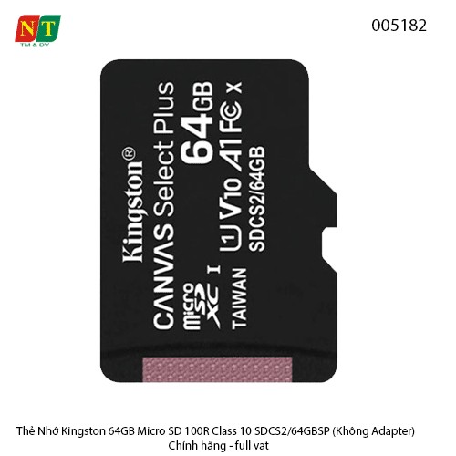 Thẻ nhớ Kingston 64GB microSD (SDCS2/64GBSP) – 100MB/s – Class 10 UHS-I – Chính hãng – Full VAT