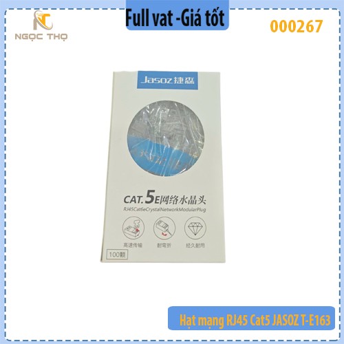 Hạt mạng RJ45 Cat5e JASOZ T‑E163 – Chân đồng mạ vàng 1U (chèn mạ niken) – Hộp 100 cái – Chính hãng – Full VAT