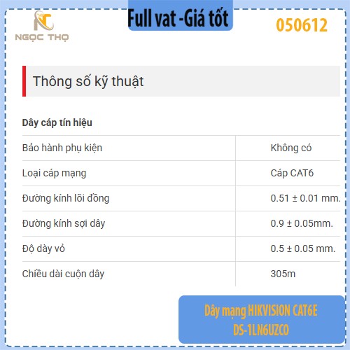 Dây mạng HIKVISION CAT6E DS-1LN6UZCO – Lõi đồng 0.57mm – Cuộn 305m – Chính hãng - full vat - giá tính theo cuộn