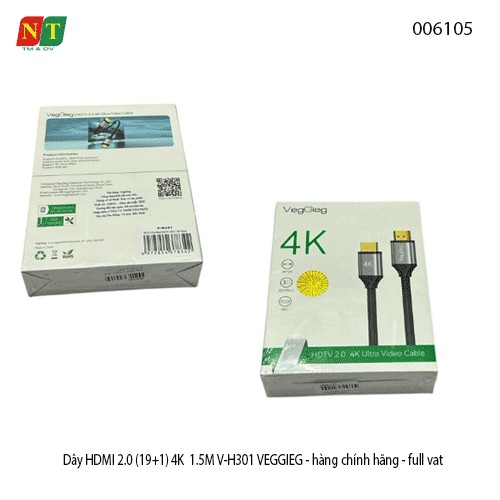 Dây HDMI 2.0 (19+1) 4K 1.5M V-H301 Veggieg – Truyền Tín Hiệu Siêu Nét – Hàng Chính Hãng – Full VAT