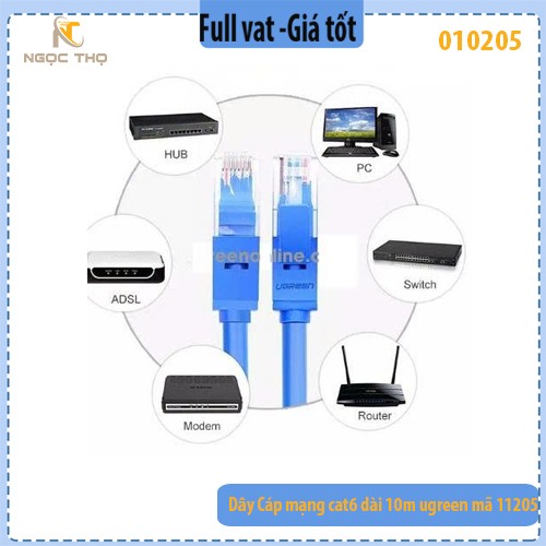 Dây cáp mạng Cat6 UGREEN 11205 dài 10m – Màu xanh dương – Chính hãng – Full VAT