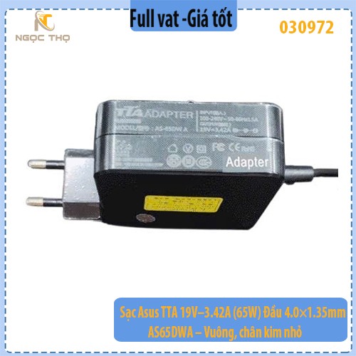 Sạc Asus TTA 19V–3.42A (65W) – Đầu 4.0×1.35mm – AS65DWA – Vuông, chân kim nhỏ – Hàng chính hiệu – Full VAT