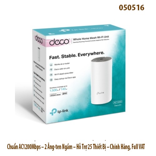 Bộ Phát Wi-Fi Mesh TP-Link Deco E4 (1-Pack) – Chuẩn AC1200Mbps – 2 Ăng-ten Ngầm – Hỗ Trợ 25 Thiết Bị – Chính Hãng