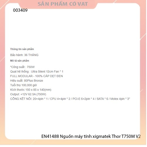 Nguồn máy tính xigmatek EN41488  Thor T750M V2 (750W, Modular, 80Plus Bronze) dây cắm rời - Chính hãng