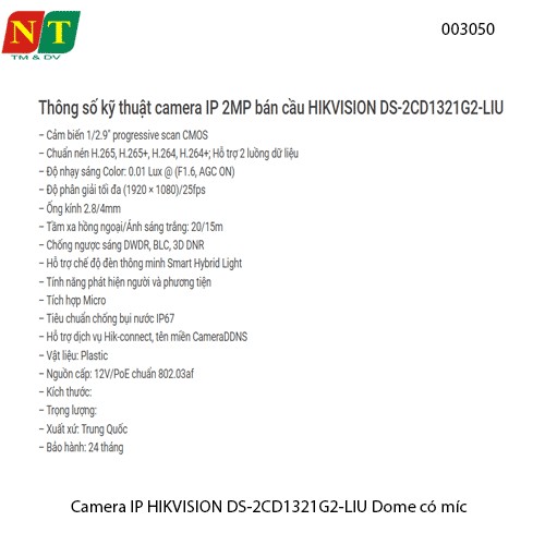 Camera IP HIKVISION DS-2CD1321G2-LIU – 2MP Full HD – Dome trong nhà – có mic – hồng ngoại 20m – Smart Light – chính hãng