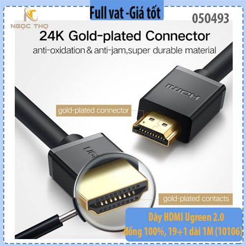 Dây HDMI Ugreen 2.0 Đồng 100%, 19+1 Dài 1M (10106) – Chính Hãng, Hỗ Trợ 4K, Chất Lượng Đỉnh Cao