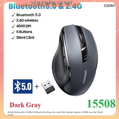 Chuột không dây Ugreen 15508 Black(Bluetooth + Wireless 2.4GHz) liệu nhựa ABS, màu xám Ugreen 15508-Hàng chính hãng - FV