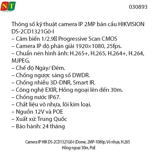 Camera IP Hikvision DS-2CD1321G0-I – Dome 2MP Full HD, H.265+, hồng ngoại 30m, PoE, IP67 - chính hãng - full vat