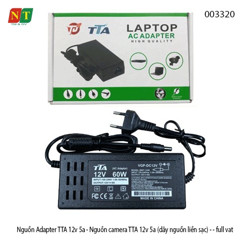 Nguồn Adapter TTA 12V–5A – Bộ nguồn camera 12V 5A – Dây nguồn liền sạc – Chân DC 5.5×2.5mm (dùng được 5.5×2.1mm)