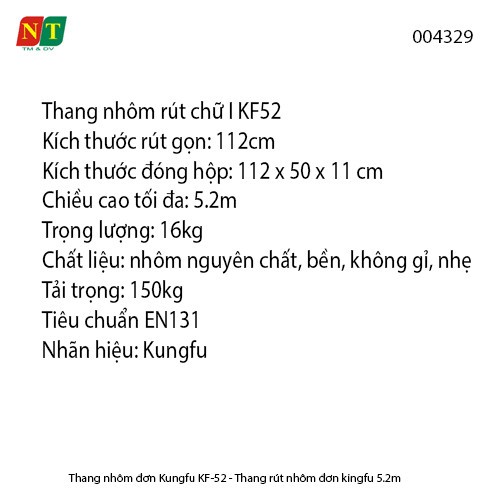Thang nhôm đơn Kungfu KF-52 - Thang rút nhôm đơn kingfu 5.2m