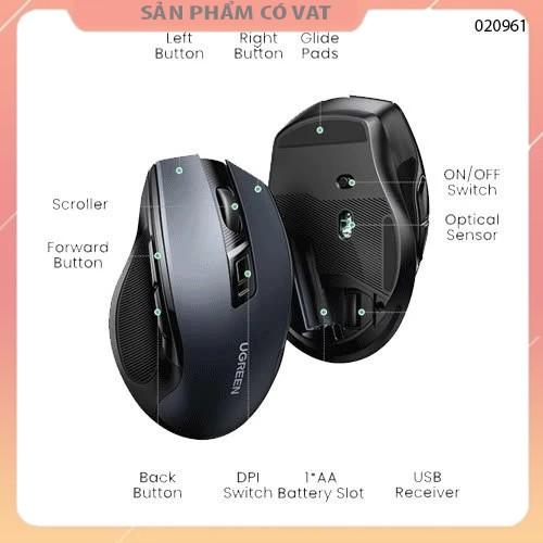 Chuột không dây Ugreen 15508 Black(Bluetooth + Wireless 2.4GHz) liệu nhựa ABS, màu xám Ugreen 15508-Hàng chính hãng - FV