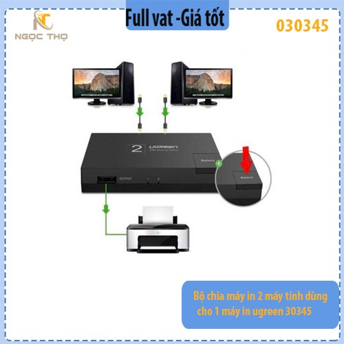 Bộ chia máy in Ugreen 30345 – USB 2.0 – 1 ra 2 hoặc 2 vào 1 – chia sẻ máy in, USB tiện lợi – chính hãng – full VAT