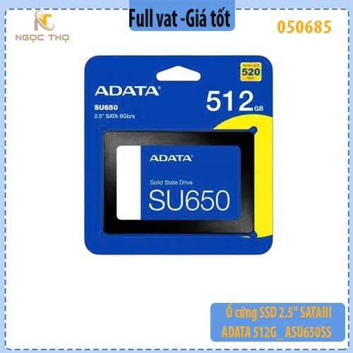 Ổ cứng SSD ADATA SU650 512GB 2.5″ SATA III (ASU650SS-512GT-R) – Hàng chính hãng – Full VAT – BH 36 tháng