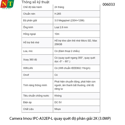 Camera Imou IPC-A32EP-L wifi quay quét 2K 3.0MP – đàm thoại 2 chiều – chính hiệu – full VAT
