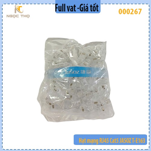 Hạt mạng RJ45 Cat5e JASOZ T‑E163 – Chân đồng mạ vàng 1U (chèn mạ niken) – Hộp 100 cái – Chính hãng – Full VAT