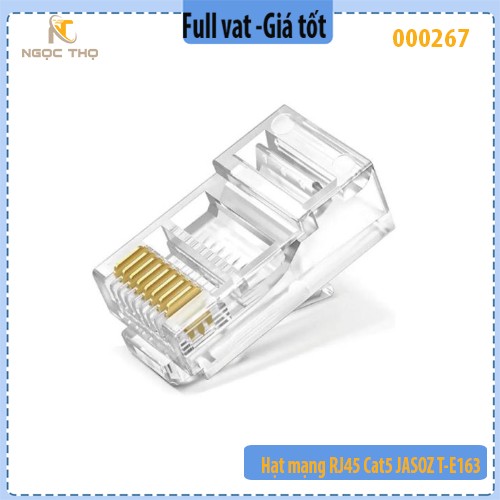 Hạt mạng RJ45 Cat5e JASOZ T‑E163 – Chân đồng mạ vàng 1U (chèn mạ niken) – Hộp 100 cái – Chính hãng – Full VAT