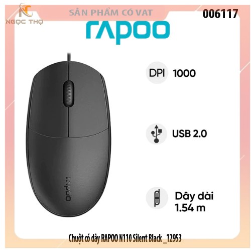Chuột có dây RAPOO N110 Silent Black – Chuột siêu êm, bền bỉ, chính hãng, full VAT