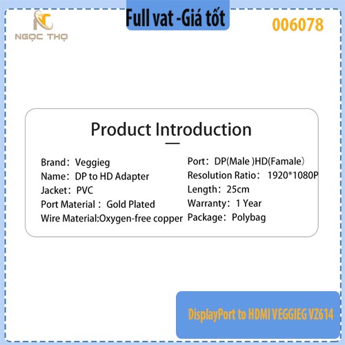 Bộ Chuyển Đổi DisplayPort Sang HDMI Veggieg VZ614 – Hỗ Trợ Full HD 1080p@60Hz – Hàng Chính Hãng – Full VAT