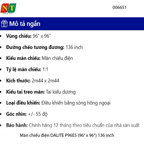 Màn chiếu điện điều khiển DALITE P96ES 135” (96×96 | 2.44×2.44m) – Tỷ lệ 1:1 – Matte White K – Remote RF – Chính hãng