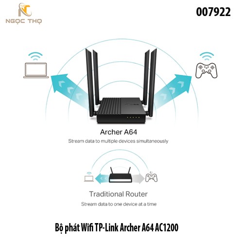 Bộ Phát WiFi TP-Link Archer A64 – Router WiFi Tplink AC1200 Dual Band – MU-MIMO,  4 Ăng-ten – LAN/WAN Gigabit