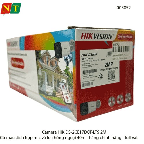 Camera HIKVISION DS-2CE17D0T-LTS 2MP – Có màu – Mic & loa – Hồng ngoại 40m – Chính hãng – Full VAT