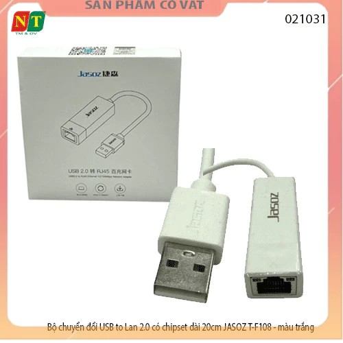 Bộ chuyển đổi USB to Lan 2.0 có chipset dài 20cm JASOZ T-F108 - màu trắng - chính hãng - full vat