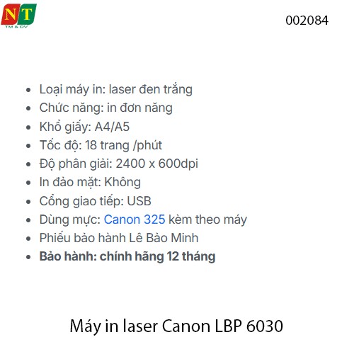 Máy In Laser Đen Trắng Canon LBP6030 – In Nhanh, Tiết Kiệm, Bền Bỉ – Hàng Chính Hãng – Full VAT