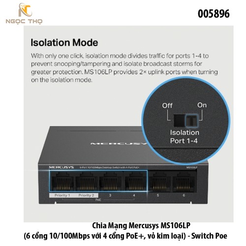 Chia Mạng POE Mercusys MS106LP ( 2 Uplink cổng 10/100Mbps với 4 cổng PoE+, vỏ kim loại) - Switch Poe - chính hãng