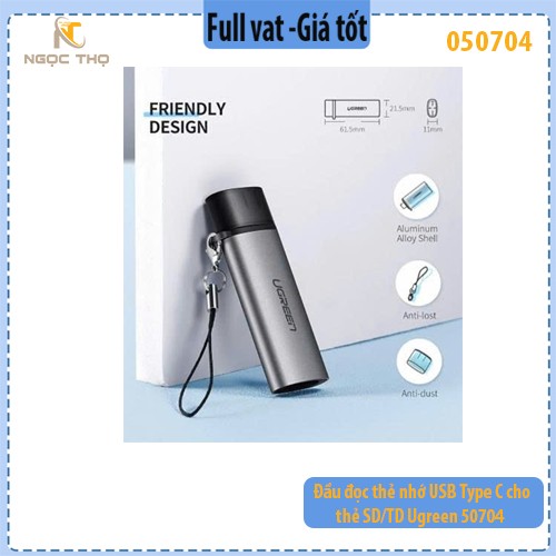 Đầu Đọc Thẻ Nhớ USB Type C Ugreen 50704 – Hỗ trợ SD/TF – Chính Hãng – Full VAT