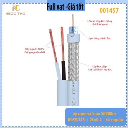 Dây Camera SINO RG59 + 2Cx0.4 – Cuộn 200 Mét – Cáp Đồng Trục Có Nguồn – Hàng Chính Hãng – Full VAT ( giá theo cuộn)