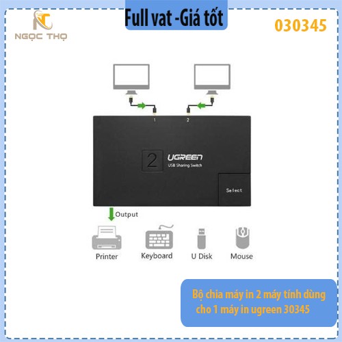 Bộ chia máy in Ugreen 30345 – USB 2.0 – 1 ra 2 hoặc 2 vào 1 – chia sẻ máy in, USB tiện lợi – chính hãng – full VAT