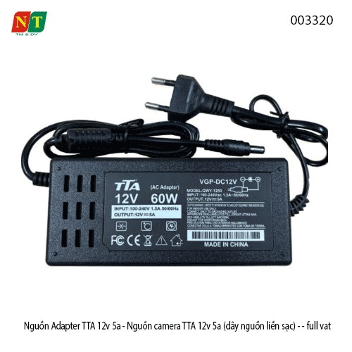 Nguồn Adapter TTA 12V–5A – Bộ nguồn camera 12V 5A – Dây nguồn liền sạc – Chân DC 5.5×2.5mm (dùng được 5.5×2.1mm)