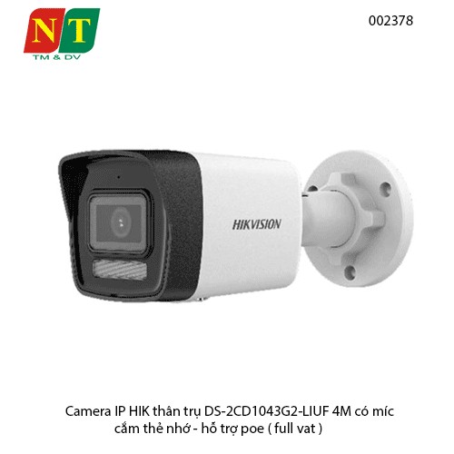 Camera IP thân trụ HIKVISION DS-2CD1043G2-LIUF 4MP – Có mic, cắm thẻ nhớ, hỗ trợ PoE – Chính hãng – Full VAT