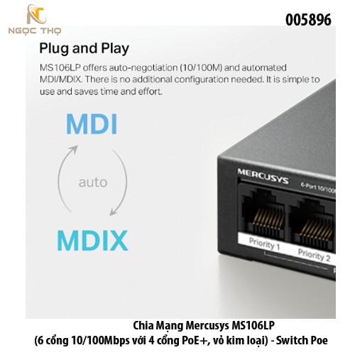 Chia Mạng POE Mercusys MS106LP ( 2 Uplink cổng 10/100Mbps với 4 cổng PoE+, vỏ kim loại) - Switch Poe - chính hãng