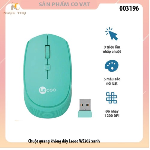 Chuột quang không dây Lecoo WS202 xanh - hàng chính hãng - full vat