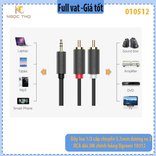 Dây Loa 1/2 Cáp Chuyển 3.5mm Dương Ra 2 RCA Dài 3M – Ugreen 10512 – Hàng Chính Hãng – Full VAT