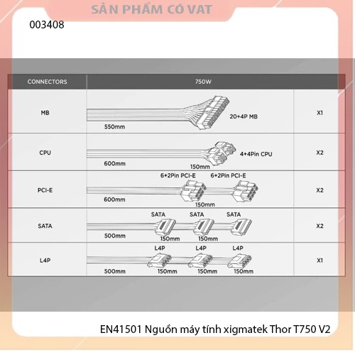 Nguồn máy tính xigmatek Thor T750 V2 750w - XIGMATEK THOR T750 v2 750W (EN41501) - 80PLUS BRONZE, 100% CÁP DẸT ĐEN