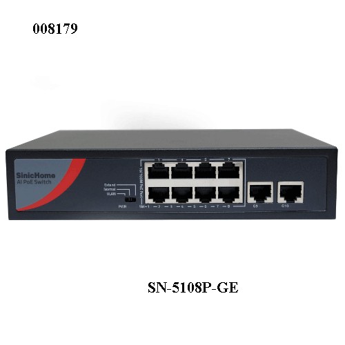 Chia mạng PoE SinicHome SN‑5108P‑E – 8 PoE 10/100 + 2 uplink (tối đa 1Gbps, tuỳ lô) – PoE 48V IEEE 802.3af/at, 120W.