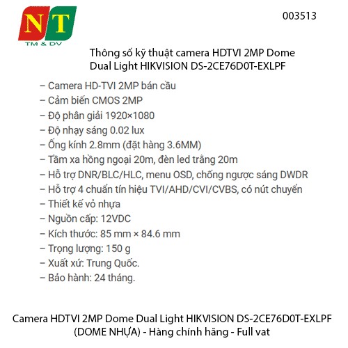Camera HDTVI 2MP Dome Dual Light HIKVISION DS-2CE76D0T-EXLPF- Hàng chính hãng - Full vat