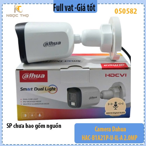 Camera Thân Dahua HAC-B1A21P-U-IL-A 2MP – Smart Dual Light, Có Mic – IP67 – Hàng chính hãng, Full VAT
