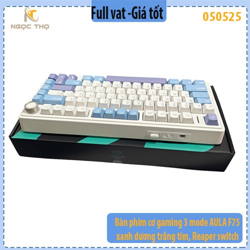 Bàn phím cơ không dây 3 chế độ AULA F75 – Xanh Dương Trắng Tím – Reaper Switch – LED RGB – Layout 75% – Gõ Êm