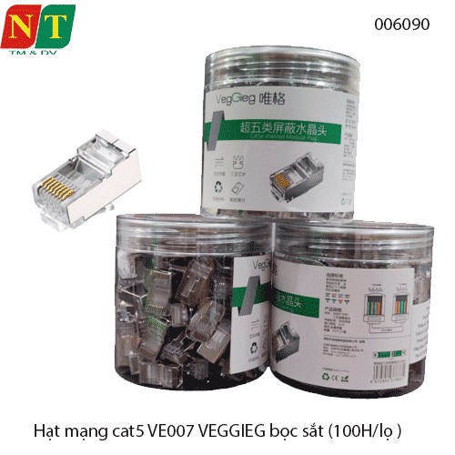 Hạt mạng RJ45 Cat5/Cat5e VEGGIEG V‑E007 – chân đồng mạ bảo vệ, vỏ bọc kim loại – Hộp 100 cái – Chính hãng – Full VAT