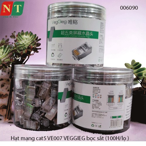 Hạt mạng RJ45 Cat5/Cat5e VEGGIEG V‑E007 – chân đồng mạ bảo vệ, vỏ bọc kim loại – Hộp 100 cái – Chính hãng – Full VAT